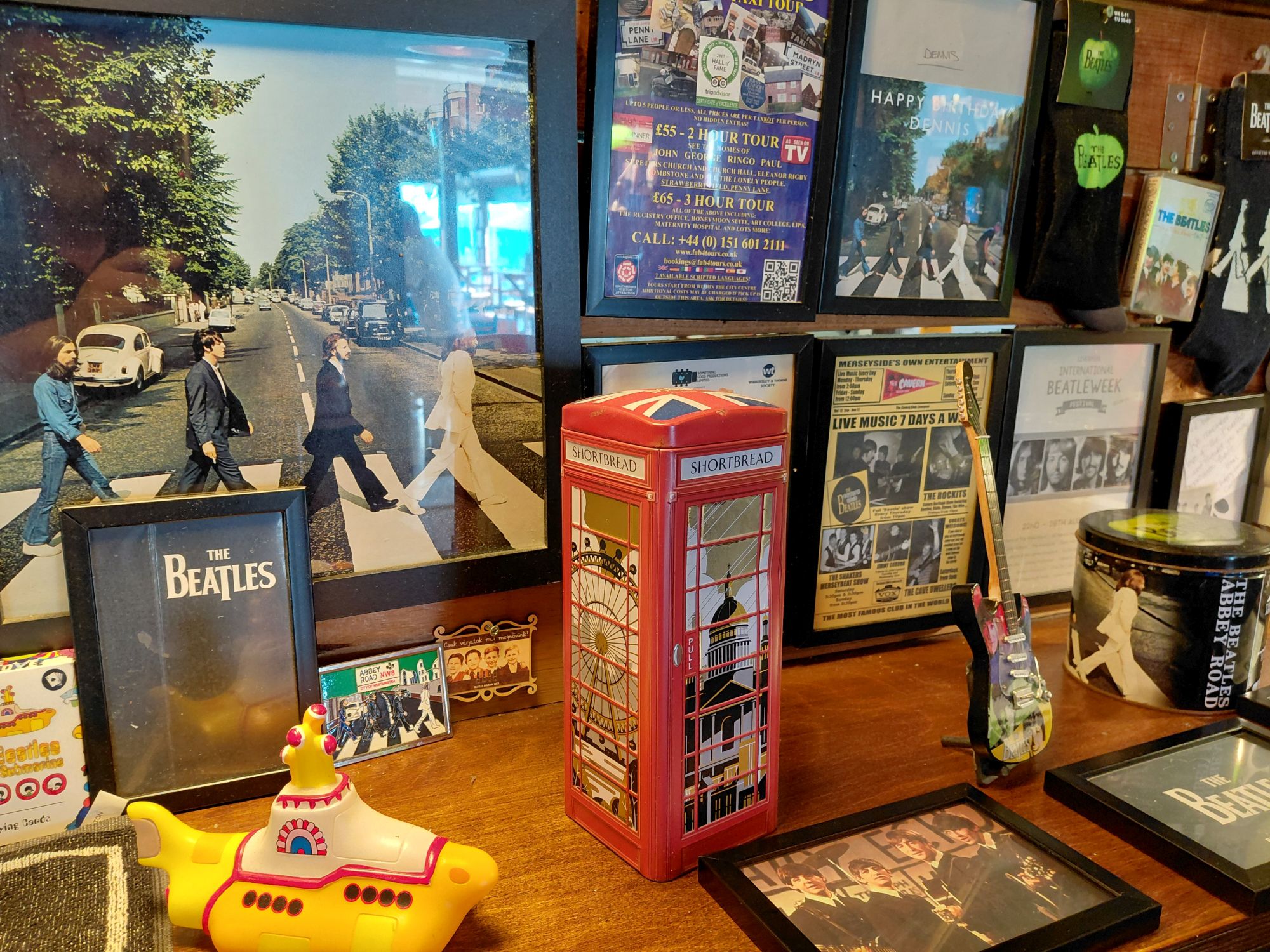 Beatles memorabilia wall at the Oasis Beatles Museum in Alykanas, Zakynthos
