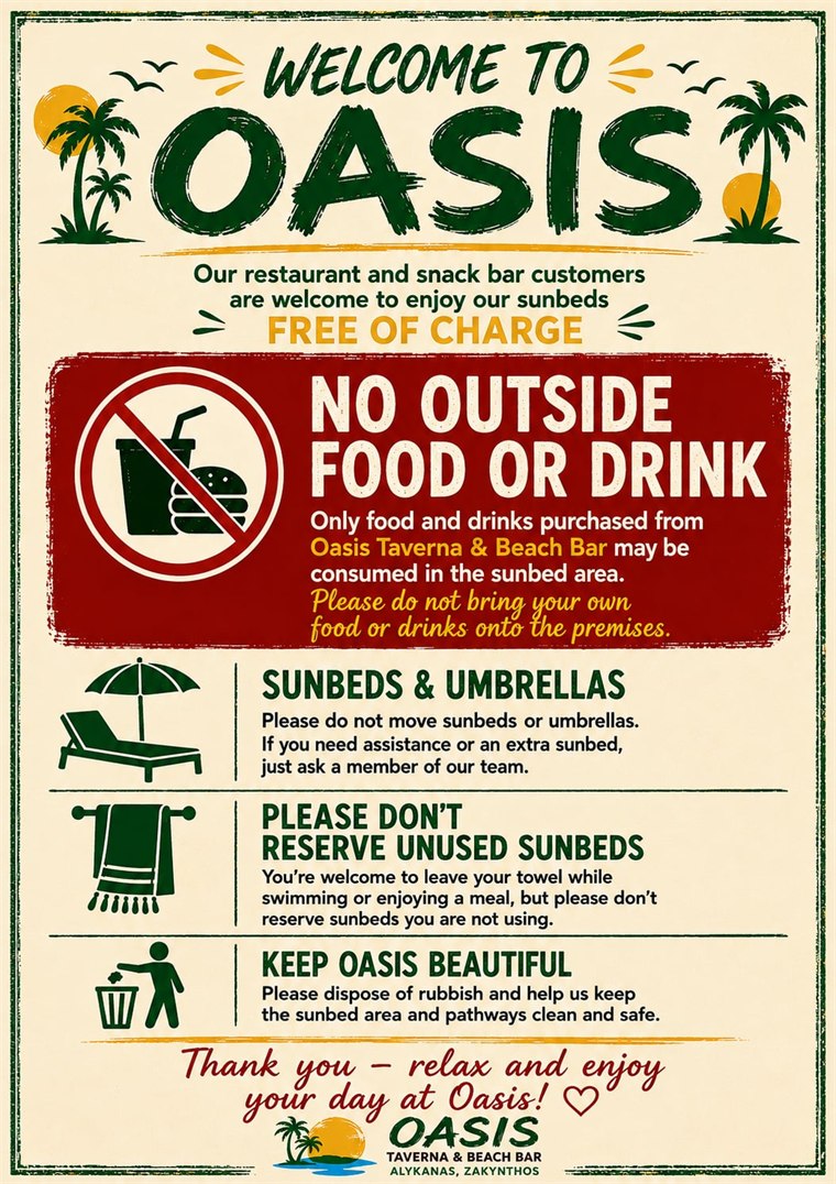 Sunbed area rules at Oasis Taverna & Beach Bar in Alykanas — no outside food or drink, please do not move or reserve unused sunbeds, and keep the beach clean