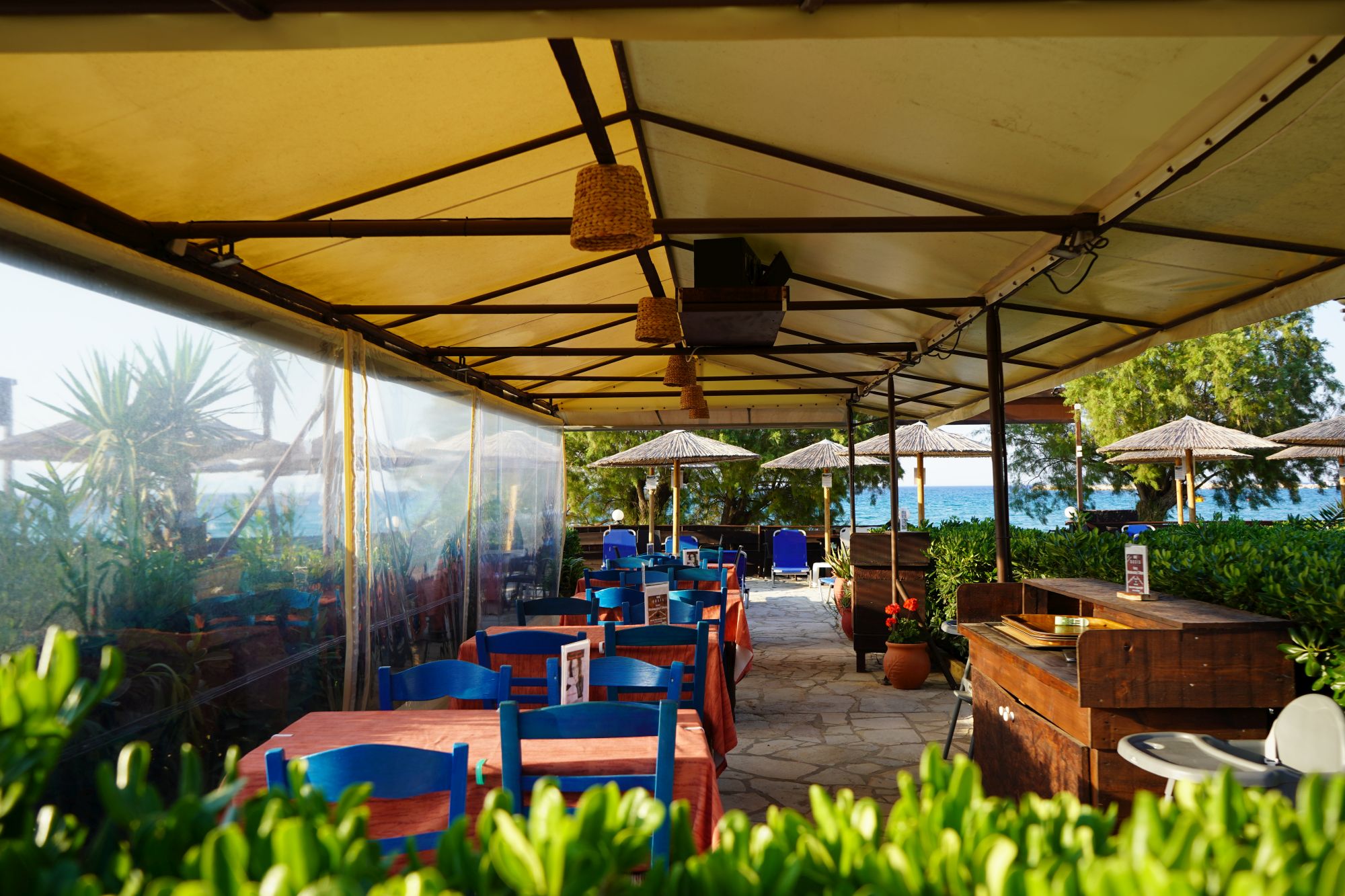 Covered seating at Oasis Taverna & Beach Bar in Alykanas, Zakynthos